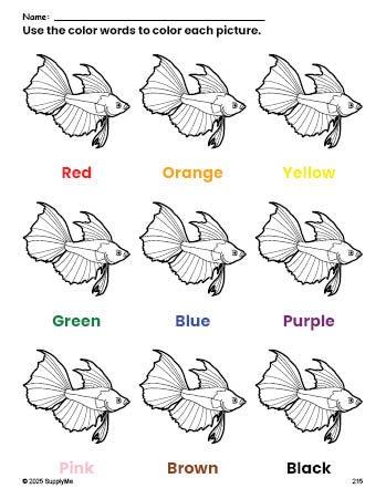 Free fish coloring page and color worksheet for preschoolers to learn colors, printable PDF