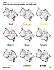 Free fish coloring page and color worksheet for preschoolers to learn colors, printable PDF