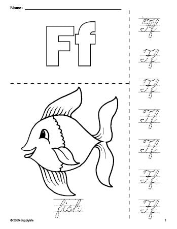 Free printable fish coloring page and cursive letter tracing worksheet, letter f worksheet for preschool, pre-k, and kindergarten, PDF