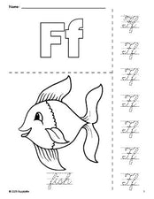 Free printable fish coloring page and cursive letter tracing worksheet, letter f worksheet for preschool, pre-k, and kindergarten, PDF