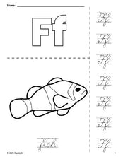 Free printable fish coloring page and cursive letter tracing worksheet, letter f worksheet for preschool, pre-k, and kindergarten, PDF