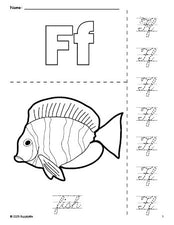 Free printable fish coloring page and cursive letter tracing worksheet, letter f worksheet for preschool, pre-k, and kindergarten, PDF