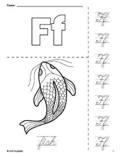 Free printable fish coloring page and cursive letter tracing worksheet, letter f worksheet for preschool, pre-k, and kindergarten, PDF