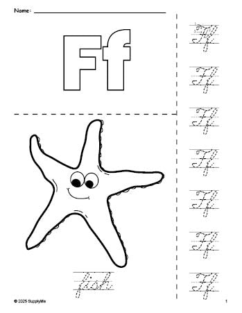 Free printable fish coloring page and cursive letter tracing worksheet, letter f worksheet for preschool, pre-k, and kindergarten, PDF