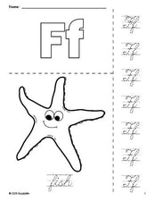 Free printable fish coloring page and cursive letter tracing worksheet, letter f worksheet for preschool, pre-k, and kindergarten, PDF