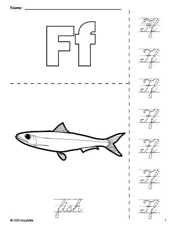 Free printable fish coloring page and cursive letter tracing worksheet, letter f worksheet for preschool, pre-k, and kindergarten, PDF