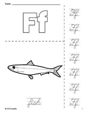 Free printable fish coloring page and cursive letter tracing worksheet, letter f worksheet for preschool, pre-k, and kindergarten, PDF