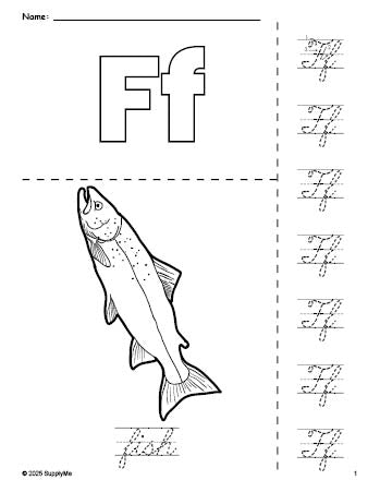 Free printable fish coloring page and cursive letter tracing worksheet, letter f worksheet for preschool, pre-k, and kindergarten, PDF