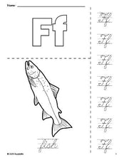 Free printable fish coloring page and cursive letter tracing worksheet, letter f worksheet for preschool, pre-k, and kindergarten, PDF