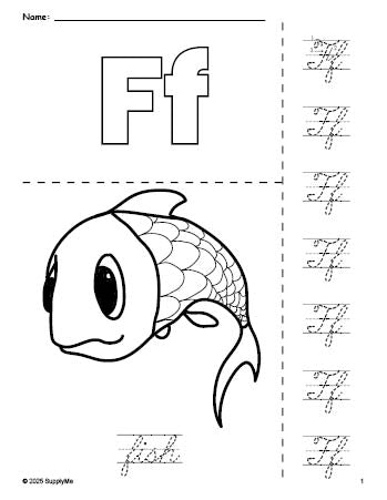 Free printable fish coloring page and cursive letter tracing worksheet, letter f worksheet for preschool, pre-k, and kindergarten, PDF