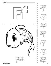 Free printable fish coloring page and cursive letter tracing worksheet, letter f worksheet for preschool, pre-k, and kindergarten, PDF