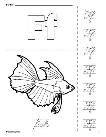 Free printable fish coloring page and cursive letter tracing worksheet, letter f worksheet for preschool, pre-k, and kindergarten, PDF