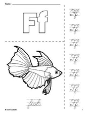 Free printable fish coloring page and cursive letter tracing worksheet, letter f worksheet for preschool, pre-k, and kindergarten, PDF