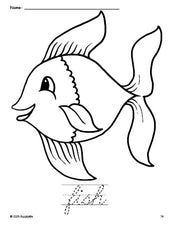 Free printable fish coloring page and cursive word tracing worksheet, perfect for preschool, pre-k, and kindergarten, PDF