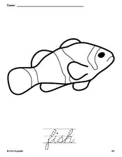 Free printable fish coloring page and cursive word tracing worksheet, perfect for preschool, pre-k, and kindergarten, PDF