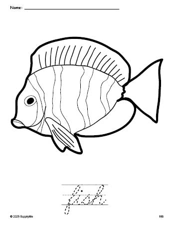 Free printable fish coloring page and cursive word tracing worksheet, perfect for preschool, pre-k, and kindergarten, PDF