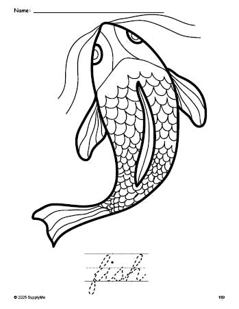 Free printable fish coloring page and cursive word tracing worksheet, perfect for preschool, pre-k, and kindergarten, PDF