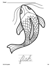 Free printable fish coloring page and cursive word tracing worksheet, perfect for preschool, pre-k, and kindergarten, PDF