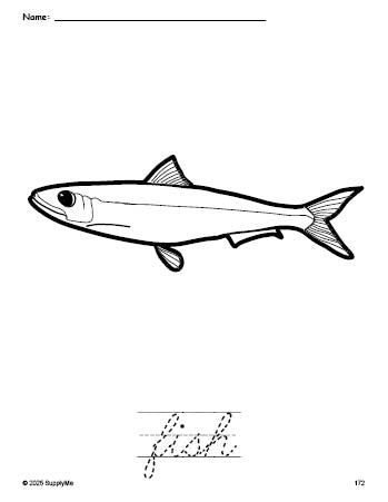 Free printable fish coloring page and cursive word tracing worksheet, perfect for preschool, pre-k, and kindergarten, PDF