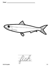 Free printable fish coloring page and cursive word tracing worksheet, perfect for preschool, pre-k, and kindergarten, PDF