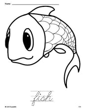 Free printable fish coloring page and cursive word tracing worksheet, perfect for preschool, pre-k, and kindergarten, PDF