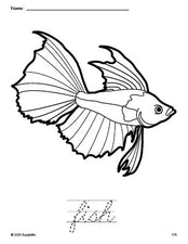 Free printable fish coloring page and cursive word tracing worksheet, perfect for preschool, pre-k, and kindergarten, PDF