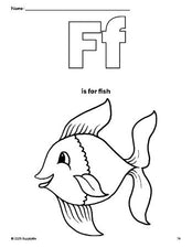 Free printable fish coloring page, letter f coloring page for preschool, pre-k, and kindergarten, PDF