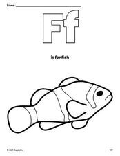 Free printable fish coloring page, letter f coloring page for preschool, pre-k, and kindergarten, PDF