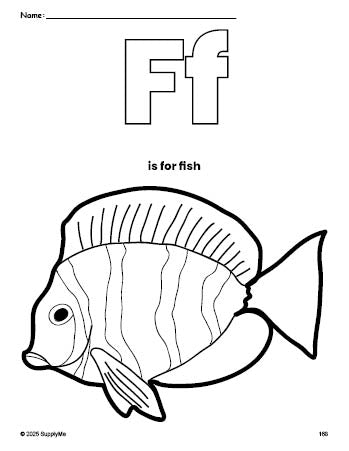 Free printable fish coloring page, letter f coloring page for preschool, pre-k, and kindergarten, PDF