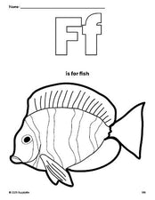 Free printable fish coloring page, letter f coloring page for preschool, pre-k, and kindergarten, PDF