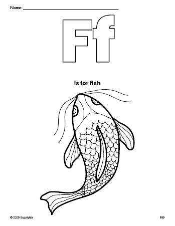 Free printable fish coloring page, letter f coloring page for preschool, pre-k, and kindergarten, PDF