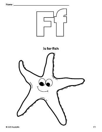 Free printable fish coloring page, letter f coloring page for preschool, pre-k, and kindergarten, PDF