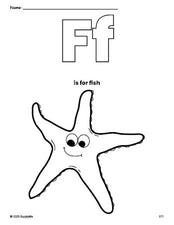 Free printable fish coloring page, letter f coloring page for preschool, pre-k, and kindergarten, PDF