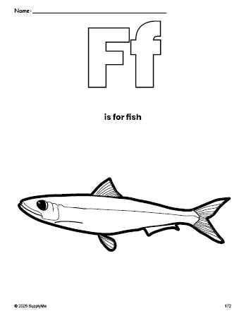 Free printable fish coloring page, letter f coloring page for preschool, pre-k, and kindergarten, PDF