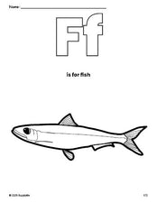 Free printable fish coloring page, letter f coloring page for preschool, pre-k, and kindergarten, PDF