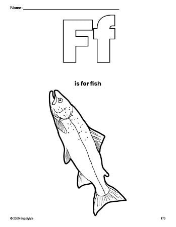 Free printable fish coloring page, letter f coloring page for preschool, pre-k, and kindergarten, PDF