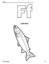 Free printable fish coloring page, letter f coloring page for preschool, pre-k, and kindergarten, PDF