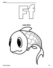 Free printable fish coloring page, letter f coloring page for preschool, pre-k, and kindergarten, PDF