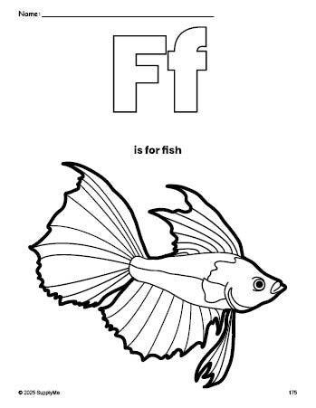 Free printable fish coloring page, letter f coloring page for preschool, pre-k, and kindergarten, PDF