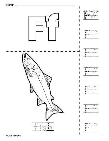 Free printable fish coloring page and letter tracing worksheet, letter f worksheet for preschool, pre-k, and kindergarten, PDF