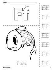 Free printable fish coloring page and letter tracing worksheet, letter f worksheet for preschool, pre-k, and kindergarten, PDF