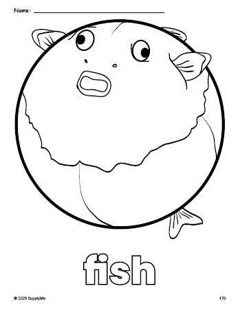 Free printable fish coloring page for preschool, pre-k, and kindergarten, PDF