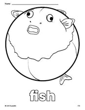 Free printable fish coloring page for preschool, pre-k, and kindergarten, PDF