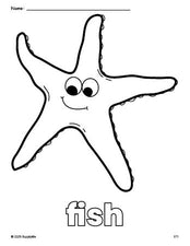 Free printable fish coloring page for preschool, pre-k, and kindergarten, PDF