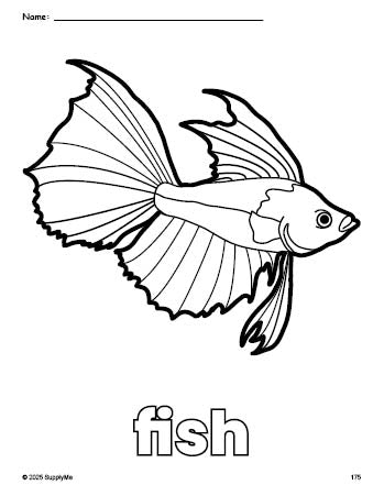 Free printable fish coloring page for preschool, pre-k, and kindergarten, PDF