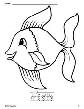 Free printable fish coloring page and word tracing worksheet, letter formation guides, perfect for preschool, pre-k, and kindergarten, PDF