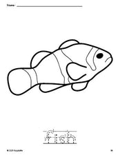 Free printable fish coloring page and word tracing worksheet, letter formation guides, perfect for preschool, pre-k, and kindergarten, PDF