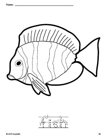 Free printable fish coloring page and word tracing worksheet, letter formation guides, perfect for preschool, pre-k, and kindergarten, PDF