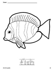 Free printable fish coloring page and word tracing worksheet, letter formation guides, perfect for preschool, pre-k, and kindergarten, PDF