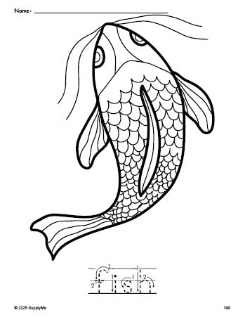 Free printable fish coloring page and word tracing worksheet, letter formation guides, perfect for preschool, pre-k, and kindergarten, PDF